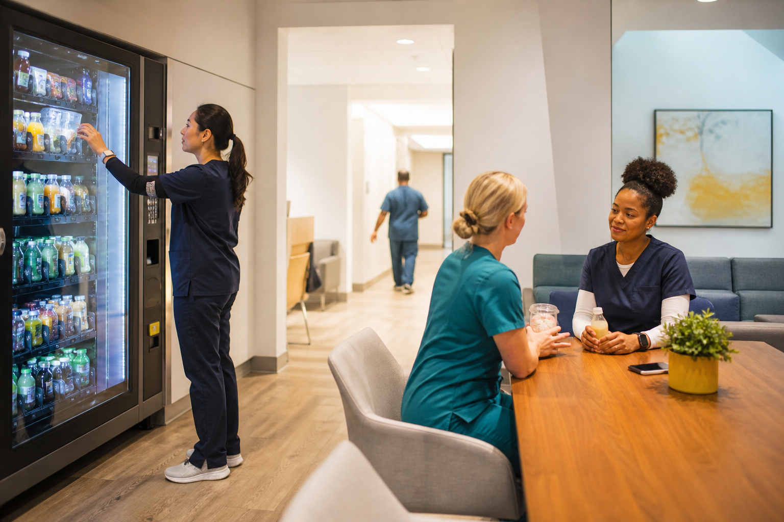 Hospital staff using a vending placement during a break