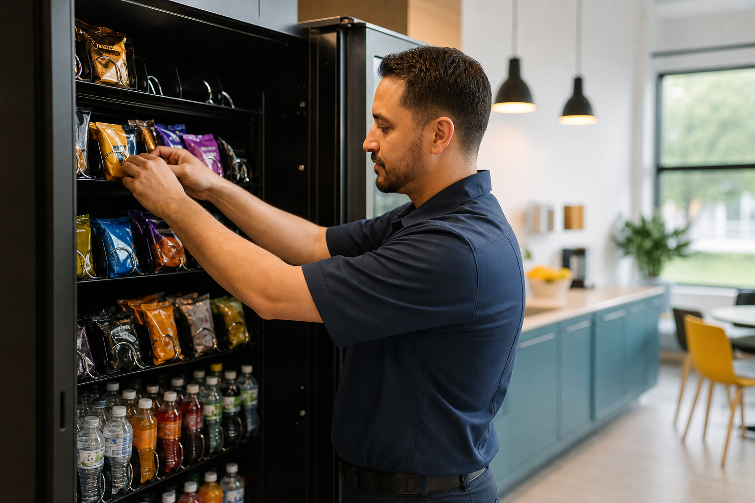 A vending operator restocking a machine