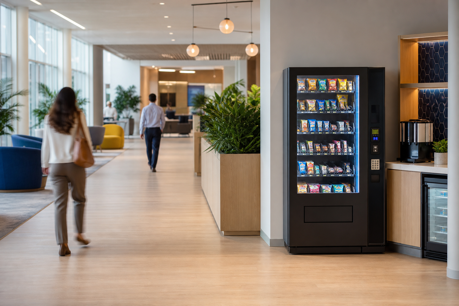 An office lobby with a maintained vending machine and people moving through the space