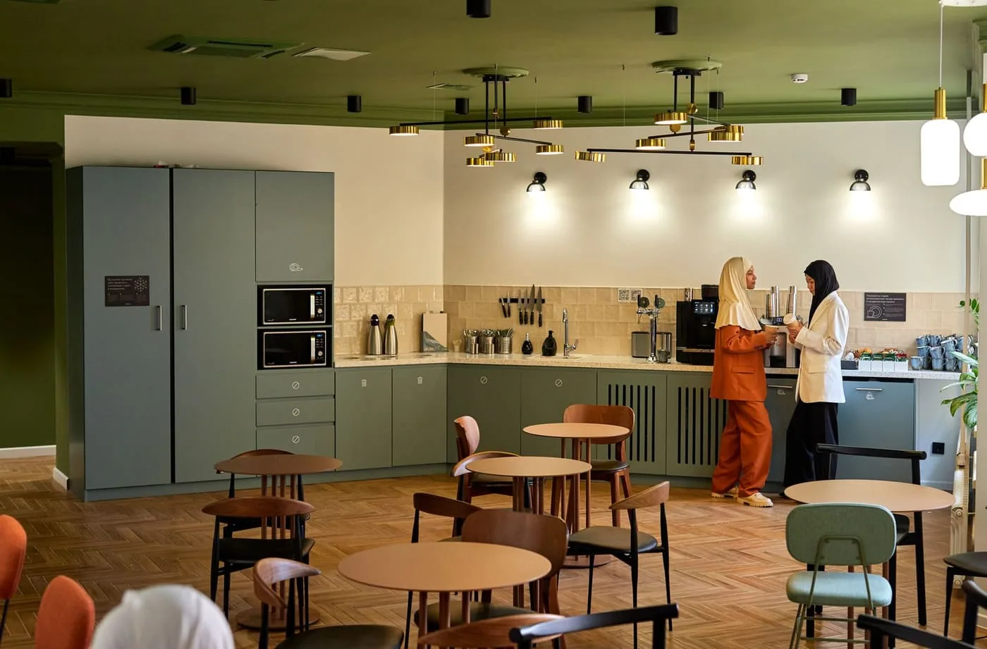 A staff break area with coffee service and casual seating