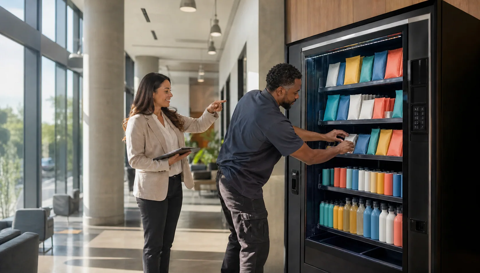 An operator and location manager discussing vending service